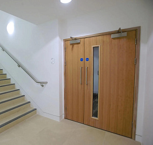 Противопожарная дверь для общественных зданий полуторная под дерево